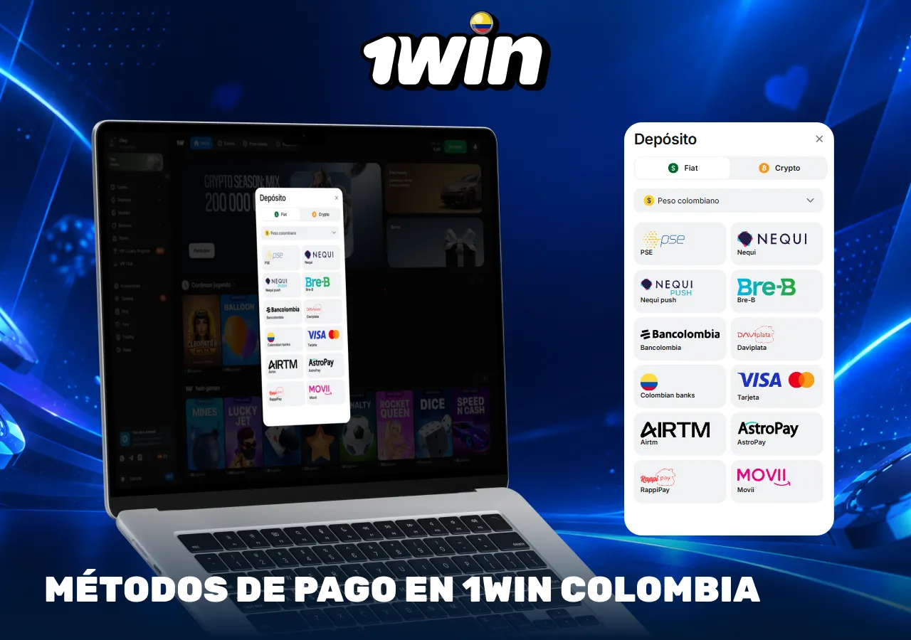 Métodos de pago en Colombia con PSE, Nequi, Bancolombia, Visa, Mastercard y otras opciones de depósito.